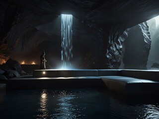 Obraz premium a man stands in front of a waterfall in a dark cave.