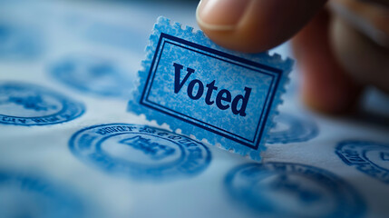 Voted stamp being pressed down signifies civic engagement and participation in elections, showcasing importance of voting in democratic society. 