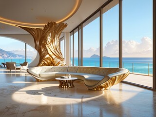 Fototapeta premium a room with a large window and a couch with a table and chairs.