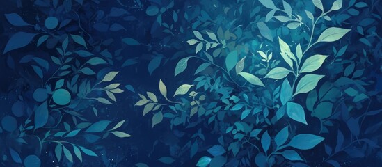 Close up painting of green evergreen leaves set against a dark blue fantasy inspired decorative floral background pattern