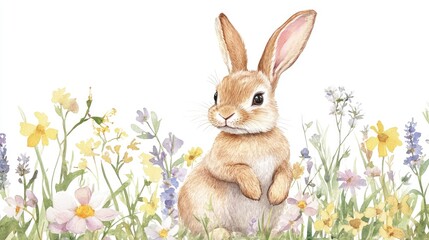 Obraz premium Watercolor illustration of an adorable bunny surrounded by flowers suitable for Easter themes in vector format