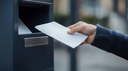 Hand dropping mail in ballot into mailbox, showcasing civic engagement and participation in electoral process. This moment captures importance of voting. 