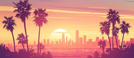 Obraz premium City skyline artwork featuring palm trees silhouetted against a vibrant sunset