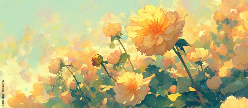 Wall mural painting of a vibrant yellow dahlia flower this stunning bloom showcases the beauty and charm of nat