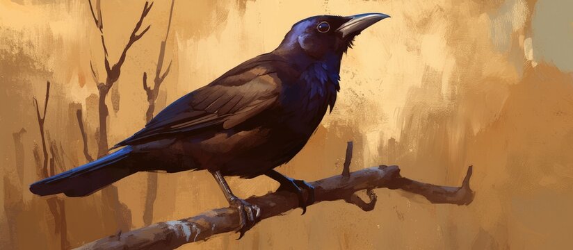 Painting of an adult Common Grackle Quiscalus quiscula resting on a twig