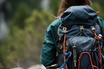 Man from behind wearing hiking gear. Close-up of person back with backpack, trekking pole, and shoes. Outdoor enthusiast prepares for adventure. Hiker equipment and gear for mountain climbing.
