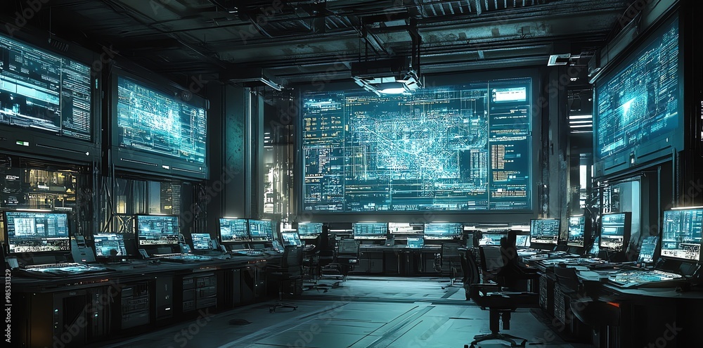 Fototapete Futuristic control room with multiple computer screens displaying data and information.