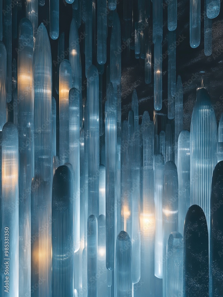 Poster fantasy 3d render featuring an abstract background with intricate structures composed of vertical ge