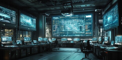 Futuristic control room with multiple computer screens displaying data and information.