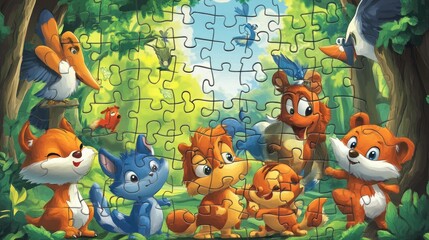 Cartoon Illustration of a Jigsaw Puzzle Game for Preschoolers Featuring a Group of Fantasy Animal Characters