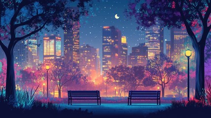 Obraz premium A dreamlike city park scene illuminated by moonlight featuring abstract 2d art elements