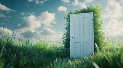 Open white door in a summer landscape featuring lush green grass Abstract surreal illustration with a touch of fantasy Modern minimalist design in 3D rendering