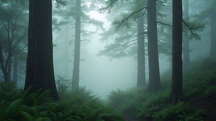 Naklejka premium A misty morning in a dense forest, with fog settling on the ground, creates an ethereal atmosphere, enhancing the enchanting beauty of nature and inviting quiet reflection.