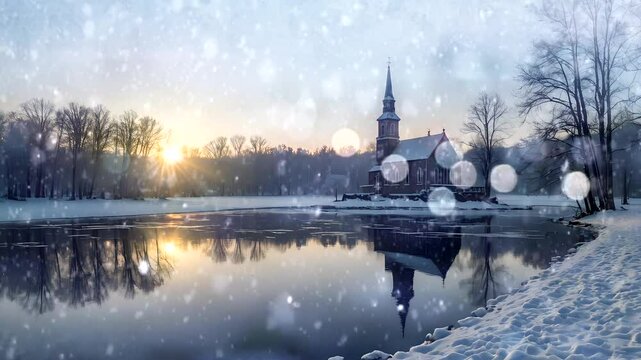 "A quiet winter morning by the lake, the rising sun slowly shone down on the old church, its light reflecting off the frozen water, Seamless looping 4k time-lapse animation video background