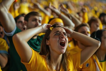 Lively sports event scene fans emotional reactions to missed goal mistake. Yellow-clad supporters raise hands in despair, engage in animated conversations, surrounded by enthusiastic spectators in