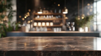 Obraz premium Empty Dark Marble Table In Modern Cafe With Blurred Background Ideal For Product Display Brown Counter Setting