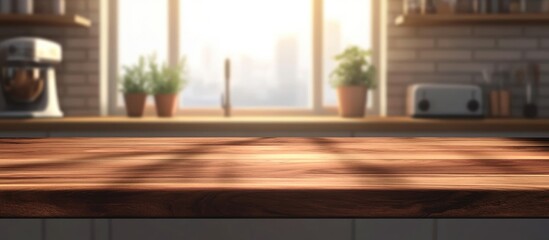 Dark Brown Wooden Tabletop With A Blurred Kitchen Backdrop