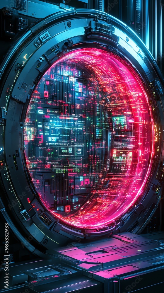 Poster futuristic glowing neon portal in a metal sci-fi machine with digital code.
