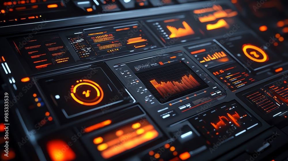 Aufkleber Futuristic interface with orange glowing elements and data displayed on a dark background.
