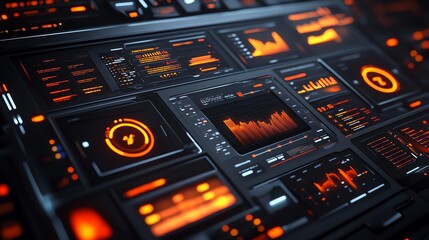 Futuristic interface with orange glowing elements and data displayed on a dark background.