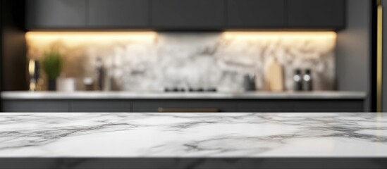 Empty Marble Tabletop With Blurred Kitchen Background