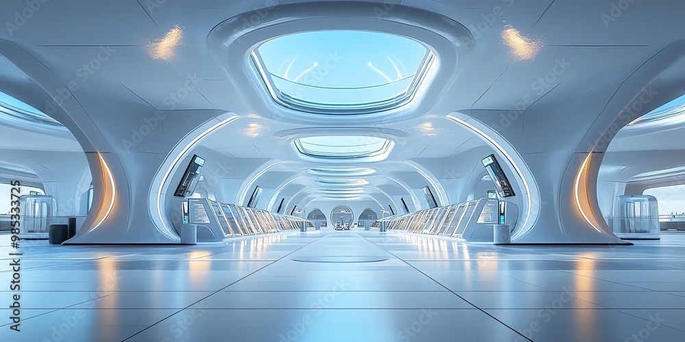 Poster futuristic interior with a view of the sky through a large window in the ceiling.