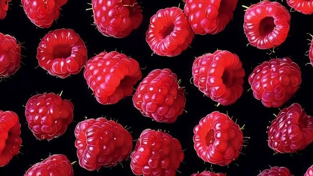 Vibrant and juicy raspberries arranged in a seamless pattern on a clean black background