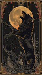 Tarot Card design of Black wolf howling at the moon in a gothic, vintage style illustration with floral and celestial elements.