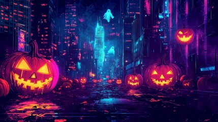 Neon-lit pumpkins illuminate a spooky city street.