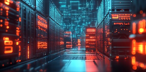 Futuristic server room with glowing blue and red lights.