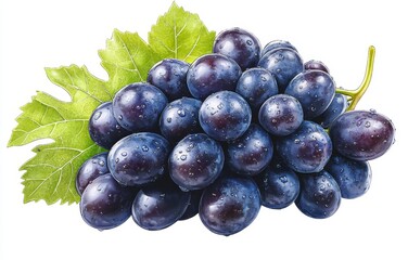 Close-up of a bunch of dark grapes with water droplets, isolated on a white background.