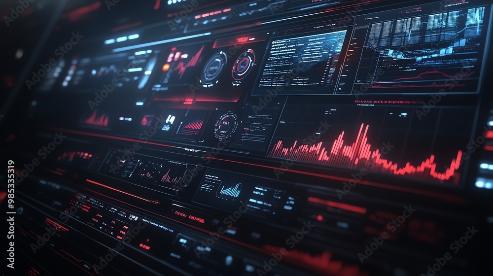 Aufkleber Futuristic technology interface with red and blue lights showing data, graphs, and statistics.