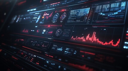 Futuristic technology interface with red and blue lights showing data, graphs, and statistics.