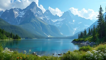 A serene mountain landscape under a clear blue sky, showcasing towering peaks and peaceful valleys. The vibrant natural scene offers a sense of calm and breathtaking beauty.