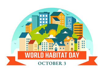 World Habitat Day Vector Illustration on 3 October, featuring a Clean City, Natural Trees, and Urban Areas for Adequate Housing in a Flat Background