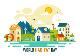 World Habitat Day Vector Illustration on 3 October, featuring a Clean City, Natural Trees, and Urban Areas for Adequate Housing in a Flat Background