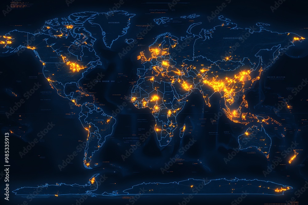 Poster futuristic world map with glowing cities and network connections.
