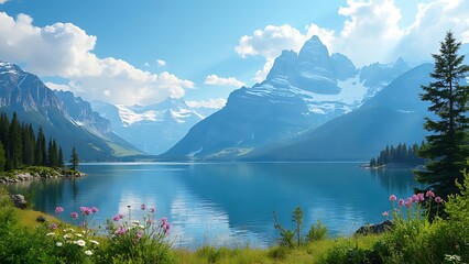 A serene mountain landscape under a clear blue sky, showcasing towering peaks and peaceful valleys. The vibrant natural scene offers a sense of calm and breathtaking beauty.