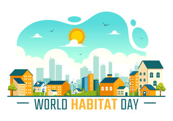 Naklejka premium World Habitat Day Vector Illustration on 3 October, featuring a Clean City, Natural Trees, and Urban Areas for Adequate Housing in a Flat Background