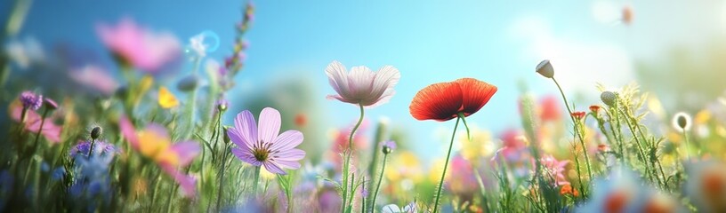 Vibrant red, white, and pink wildflowers with a soft, blurry background of green grass and a clear blue sky.