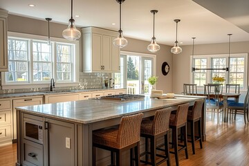 Modern kitchen interior design with large wooden island. Bright lighting, hanging pendant lights. Stylish, contemporary furniture in colonial style home.