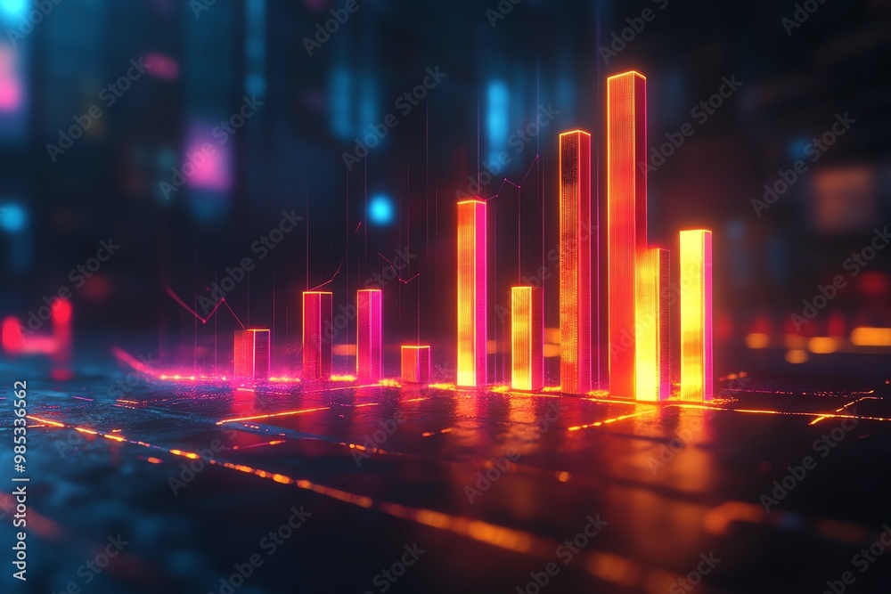 Poster Glowing bars with a line graph on a dark background.