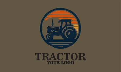 Black tractor in field at sunset with text tractor for logo use. Perfect for agricultural businesses or farmrelated branding, vektor and background