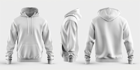 Stylish hoodie sweater on white background. Front and back view of hipster casual attire. Space for design on cotton fabric. Trendy pullover for men. Hoodie and sweatshirt for winter and autumn.