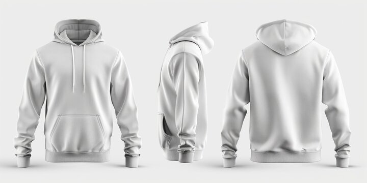 Stylish hoodie sweater on white background. Front and back view of hipster casual attire. Space for design on cotton fabric. Trendy pullover for men. Hoodie and sweatshirt for winter and autumn.