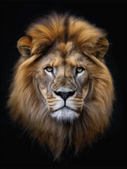 Fototapeta premium Lion face portrait on black background. Majestic big cat with golden fur. Carnivore animal with strong features. Mammal predator with powerful presence.