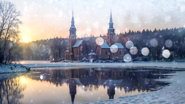 "A quiet winter morning by the lake, the rising sun slowly shone down on the old church, its light reflecting off the frozen water, Seamless looping 4k time-lapse animation video background