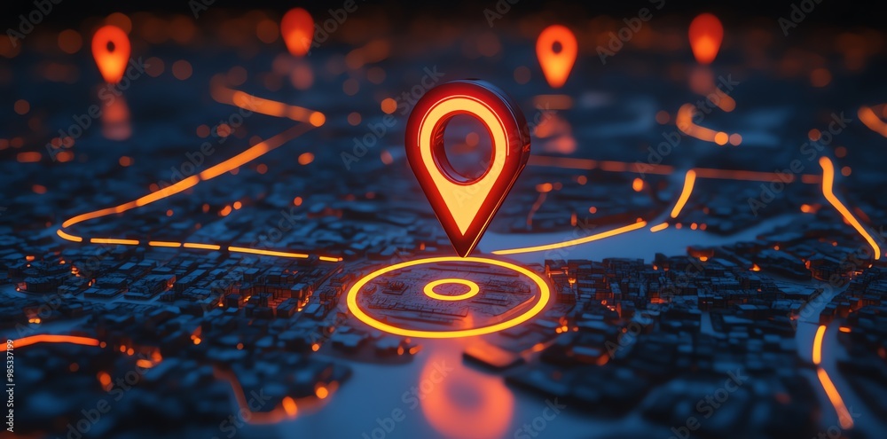Poster glowing red location pin on a futuristic city map with glowing lines.