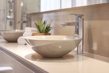 Fototapeta premium Vessel sink sits on light-colored countertop in modern bathroom. Clean, simple design of sink is complemented by shiny faucet. Background is wall, possibly in apartment or house.