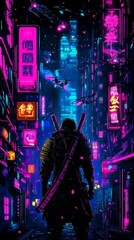 Obraz premium A lone warrior stands in a neon-lit city street.
